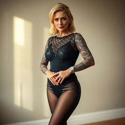 A confident woman in her 40s, named Scarlett, stands in a softly lit room, showcasing her full tattoo sleeves which cover her arms completely