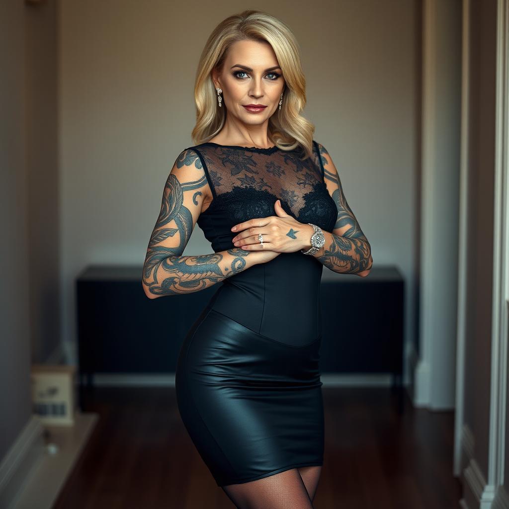 A confident woman in her 40s, named Scarlett, stands in a softly lit room, showcasing her full tattoo sleeves which cover her arms completely