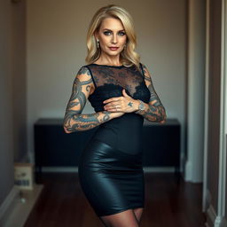 A confident woman in her 40s, named Scarlett, stands in a softly lit room, showcasing her full tattoo sleeves which cover her arms completely