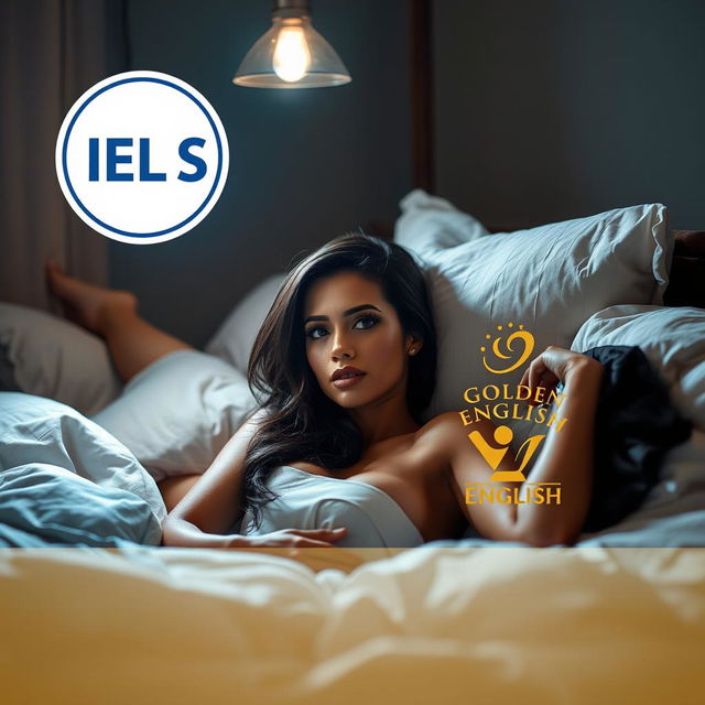 A visually captivating image featuring a confident, alluring woman relaxing in bed, emphasizing her glamorous and attractive demeanor