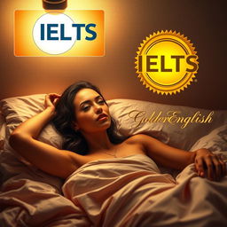 A visually captivating image featuring a confident, alluring woman relaxing in bed, emphasizing her glamorous and attractive demeanor