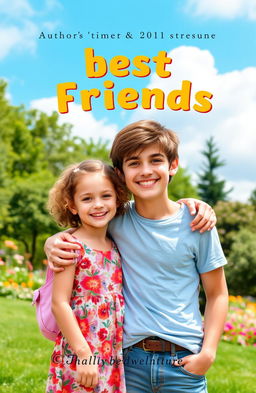 A heartwarming and vibrant book cover featuring a young man and a young girl who are best friends, standing side by side in a lush green park