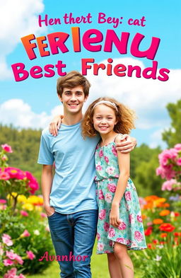 A heartwarming and vibrant book cover featuring a young man and a young girl who are best friends, standing side by side in a lush green park