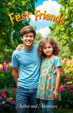 A heartwarming and vibrant book cover featuring a young man and a young girl who are best friends, standing side by side in a lush green park