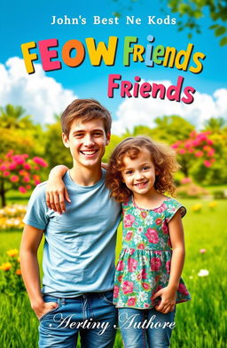 A heartwarming and vibrant book cover featuring a young man and a young girl who are best friends, standing side by side in a lush green park
