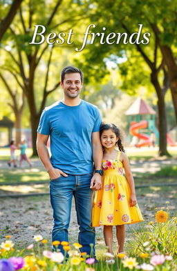 A heartwarming book cover featuring a man and a girl who are best friends, standing together in a vibrant park setting