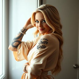 In a softly lit bathroom, Scarlett, a woman in her 40s with beautiful blonde hair and striking blue eyes, stands confidently gazing into the mirror