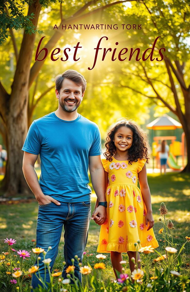 A heartwarming book cover featuring a man and a girl who are best friends, standing together in a vibrant park setting