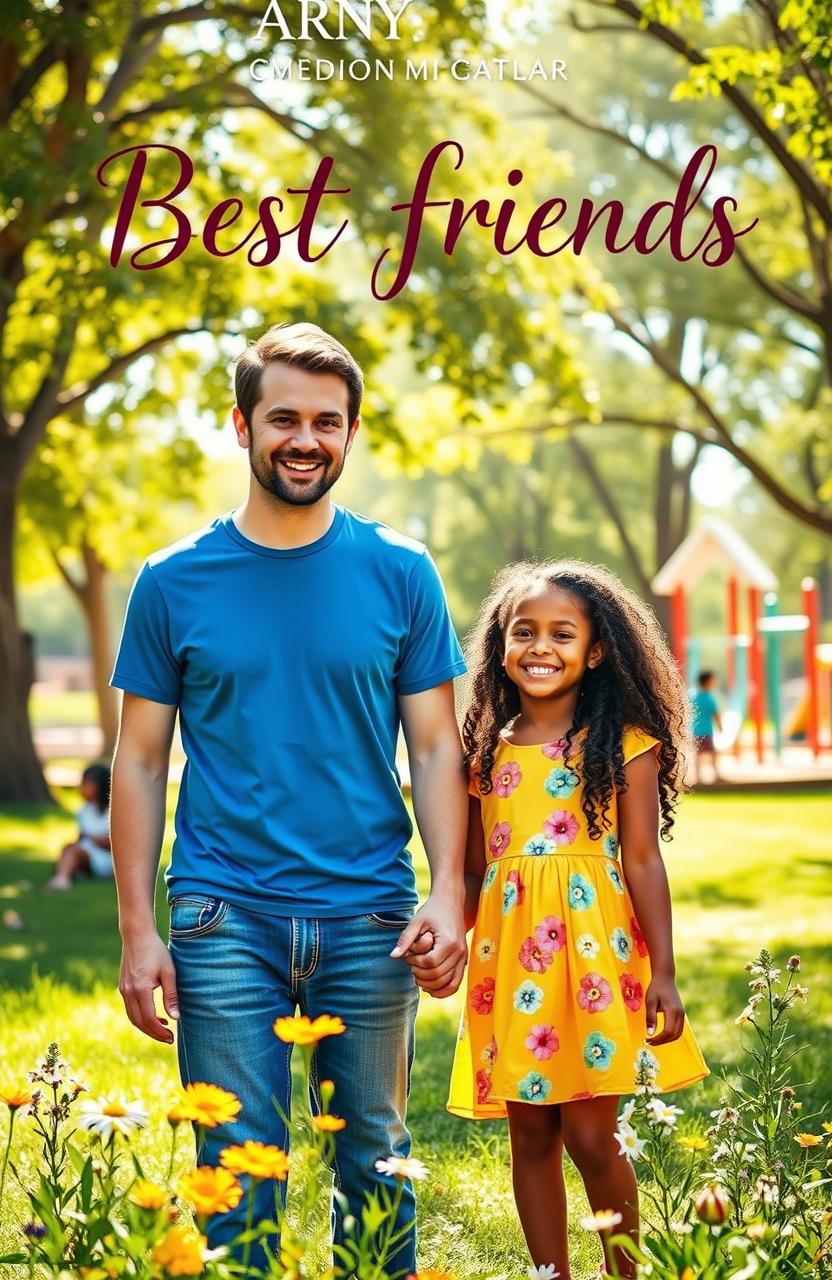 A heartwarming book cover featuring a man and a girl who are best friends, standing together in a vibrant park setting