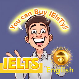 An animated character of a cheerful man, with a bright smile, enthusiastically saying, 'You can Buy IELTS easily!' His expression conveys excitement and positivity