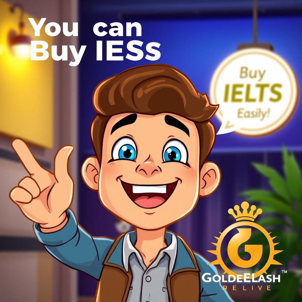 An animated character of a cheerful man, with a bright smile, enthusiastically saying, 'You can Buy IELTS easily!' His expression conveys excitement and positivity