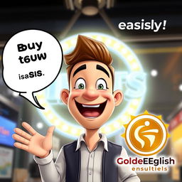 An animated character of a cheerful man, with a bright smile, enthusiastically saying, 'You can Buy IELTS easily!' His expression conveys excitement and positivity
