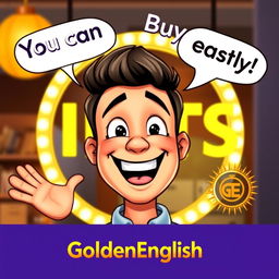 An animated character of a cheerful man, with a bright smile, enthusiastically saying, 'You can Buy IELTS easily!' His expression conveys excitement and positivity
