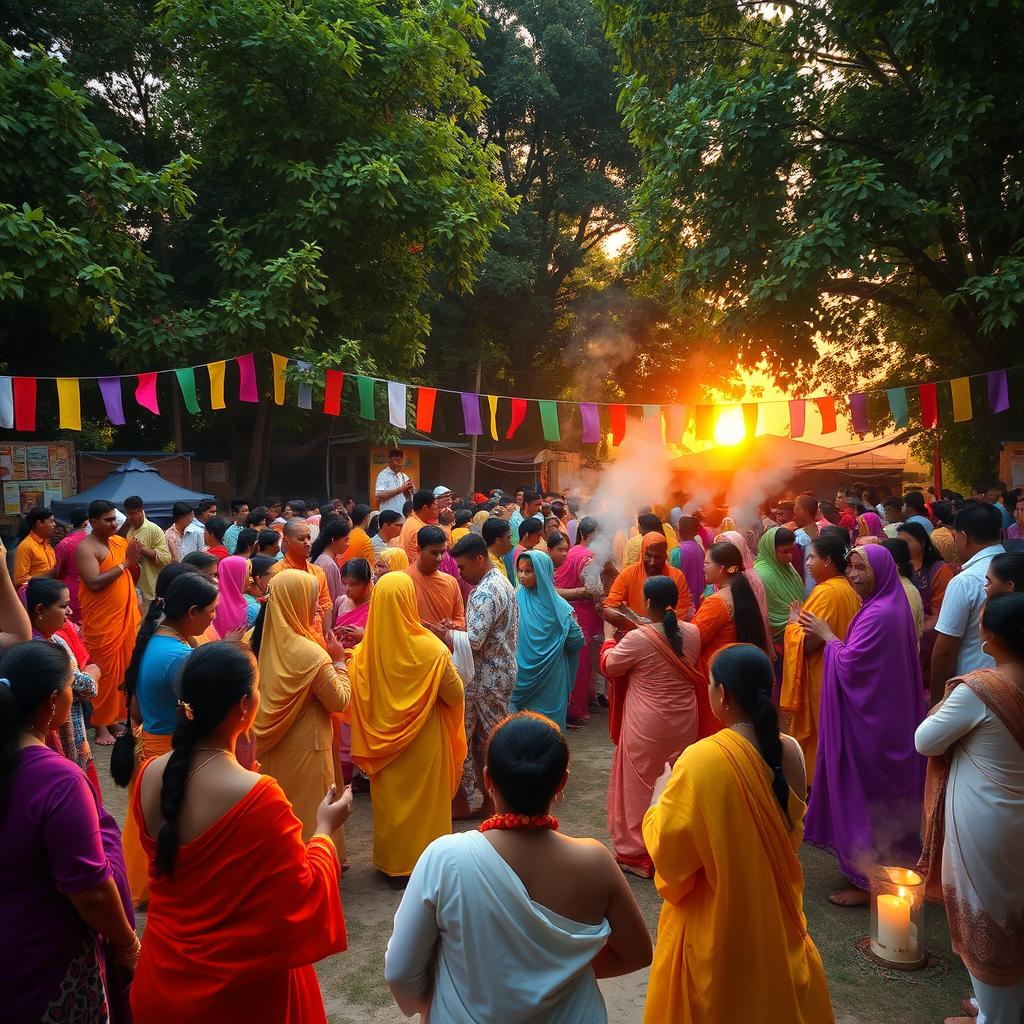 A vibrant outdoor public cult gathering, with diverse groups of people dressed in colorful, flowing robes, engaging in various rituals and ceremonies