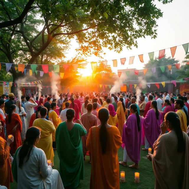 A vibrant outdoor public cult gathering, with diverse groups of people dressed in colorful, flowing robes, engaging in various rituals and ceremonies