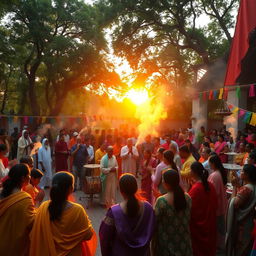 A vibrant outdoor public cult gathering, with diverse groups of people dressed in colorful, flowing robes, engaging in various rituals and ceremonies