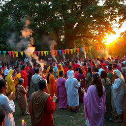 A vibrant outdoor public cult gathering, with diverse groups of people dressed in colorful, flowing robes, engaging in various rituals and ceremonies