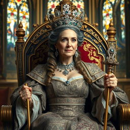 A regal widow queen seated on a grand throne, adorned in an elaborate royal gown featuring intricate patterns and rich fabrics