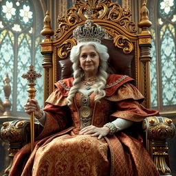 A regal widow queen seated on a grand throne, adorned in an elaborate royal gown featuring intricate patterns and rich fabrics