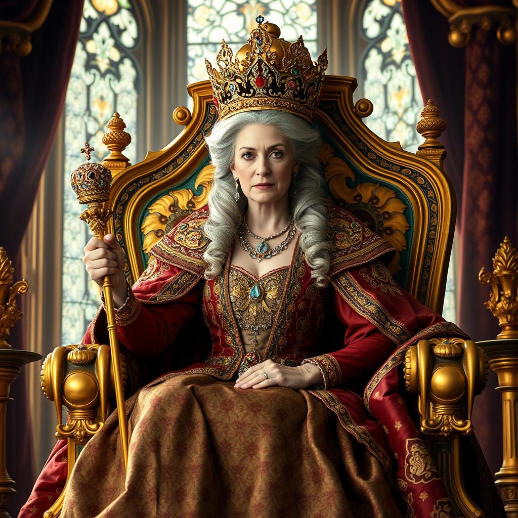 A regal widow queen seated on a grand throne, adorned in an elaborate royal gown featuring intricate patterns and rich fabrics