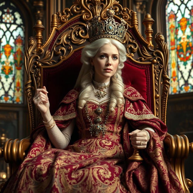 A regal widow queen seated on a grand throne, adorned in an elaborate royal gown featuring intricate patterns and rich fabrics