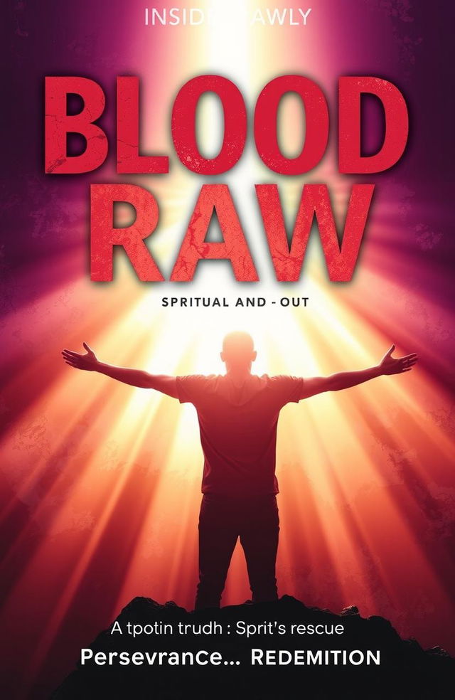 A spiritually inspired book cover for 'BLOOD RAW: Inside and Out', featuring a resilient figure standing with arms open, bathed in a soft, radiant light from above, symbolizing spiritual protection