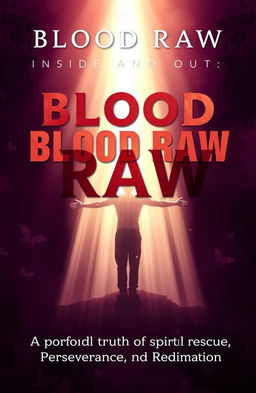 A spiritually inspired book cover for 'BLOOD RAW: Inside and Out', featuring a resilient figure standing with arms open, bathed in a soft, radiant light from above, symbolizing spiritual protection