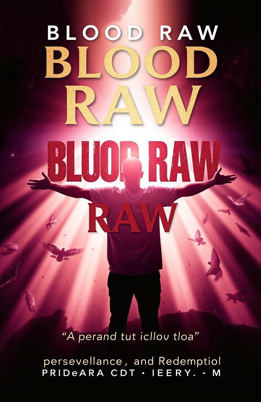 A spiritually inspired book cover for 'BLOOD RAW: Inside and Out', featuring a resilient figure standing with arms open, bathed in a soft, radiant light from above, symbolizing spiritual protection