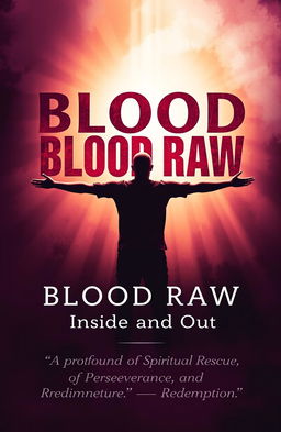 A spiritually inspired book cover for 'BLOOD RAW: Inside and Out', featuring a resilient figure standing with arms open, bathed in a soft, radiant light from above, symbolizing spiritual protection