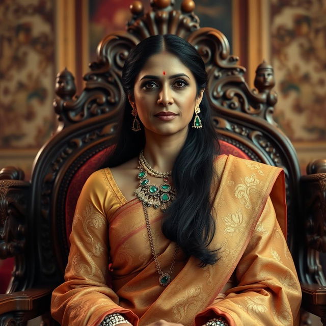 A regal portrait of a royal Indian queen who is a widow, dressed in an intricately designed traditional sari adorned with gold embroidery, her expression dignified and poised