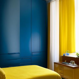 A modern bedroom featuring blue and yellow tones. Includes a chic blue cupboard, a sleek dressing area with a mirror, and a bed dressed in blue and yellow linens. The room is artfully decorated balancing style, comfort, and functionality.