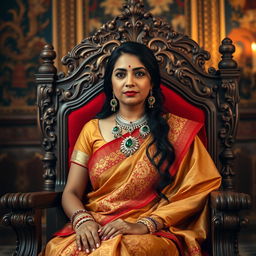 A regal portrait of a royal Indian queen who is a widow, dressed in an intricately designed traditional sari adorned with gold embroidery, her expression dignified and poised