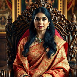 A regal portrait of a royal Indian queen who is a widow, dressed in an intricately designed traditional sari adorned with gold embroidery, her expression dignified and poised