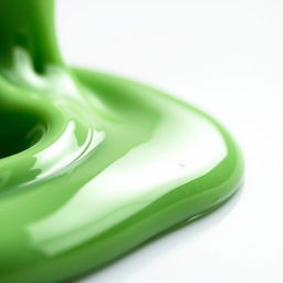 A highly detailed close-up of a completely still green slime, showcasing its glossy, smooth texture and vibrant color