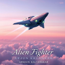 A captivating science fiction book cover featuring an alien fighter spacecraft soaring through a pastel-colored sky, painted in soft hues of lavender, baby blue, and light pink