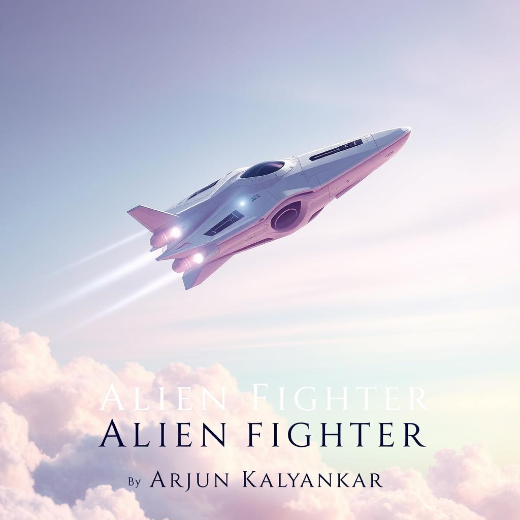 A captivating science fiction book cover featuring an alien fighter spacecraft soaring through a pastel-colored sky, painted in soft hues of lavender, baby blue, and light pink