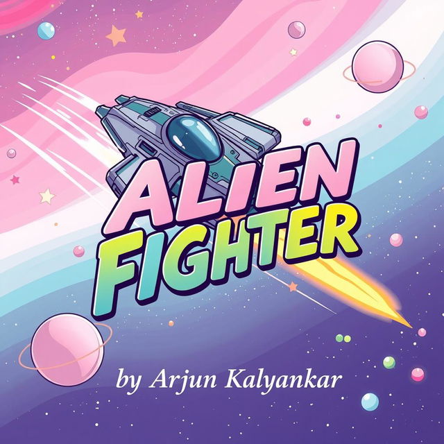 A vibrant cartoon-style book cover featuring a futuristic alien fighter spaceship zooming through a colorful cosmic background