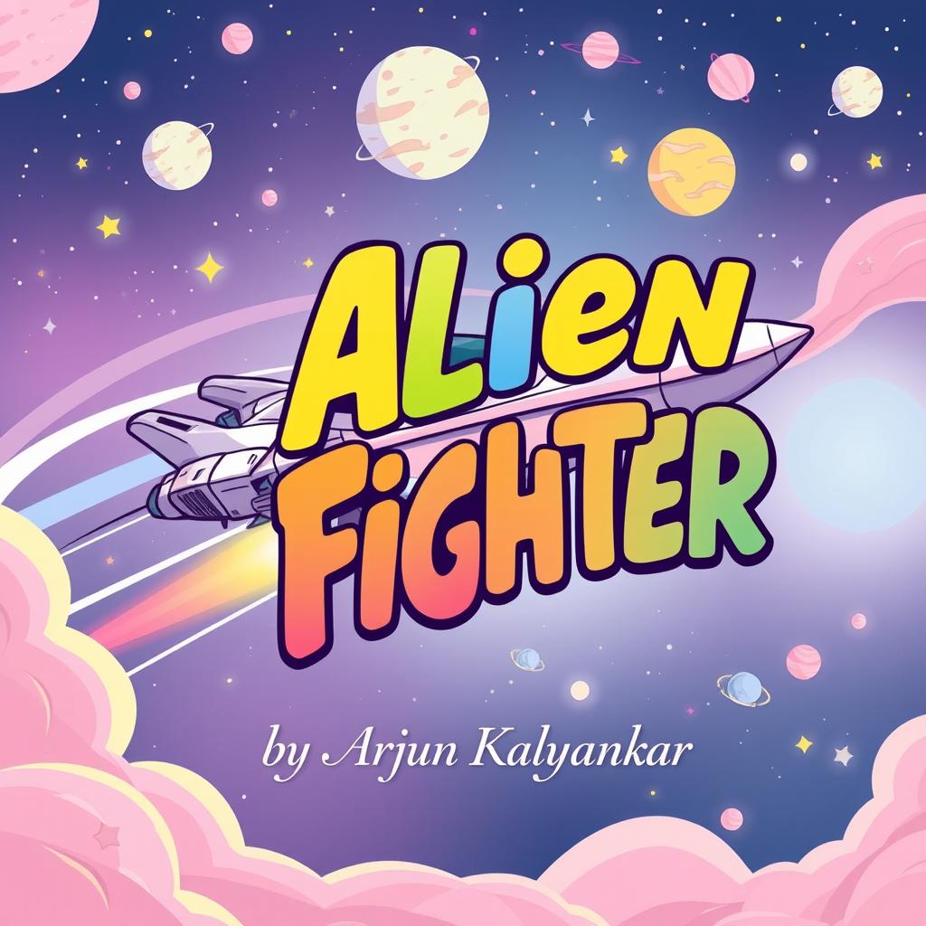 A vibrant cartoon-style book cover featuring a futuristic alien fighter spaceship zooming through a colorful cosmic background