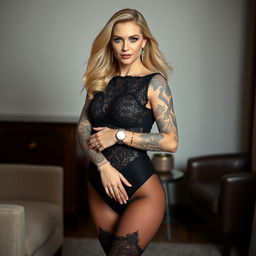 Scarlett, a stunning woman in her 40s with full tattoo sleeves, striking blue eyes, and flowing blonde hair, showcases her unique style with a nose stud and a large diamond engagement ring