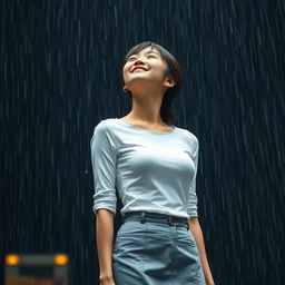 A breathtakingly realistic image of a young Japanese woman standing gracefully under heavy rainfall, her face tilted upward with eyes closed, embodying a moment of pure joy and serenity