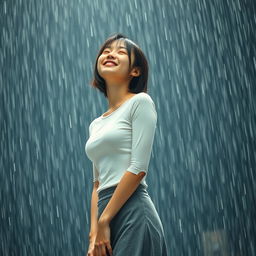 A breathtakingly realistic image of a young Japanese woman standing gracefully under heavy rainfall, her face tilted upward with eyes closed, embodying a moment of pure joy and serenity