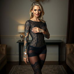 A woman in her 40s named Scarlett with full tattoo sleeves, striking blue eyes, and blonde hair