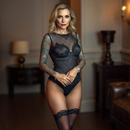 A woman in her 40s named Scarlett with full tattoo sleeves, striking blue eyes, and blonde hair