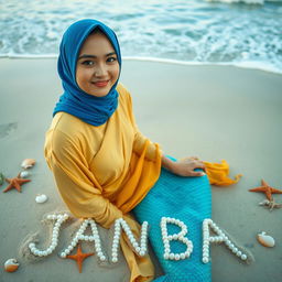 A stunning digital photograph capturing a serene moment on the beach, featuring the text "ⒿⒶⓃⒷⒶ" elegantly written in the sand