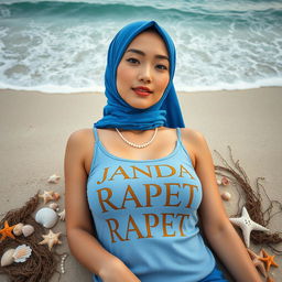 A captivating digital photograph featuring the text "JANDA RAPET" elegantly printed on the tank top of a 24-year-old Taiwanese woman
