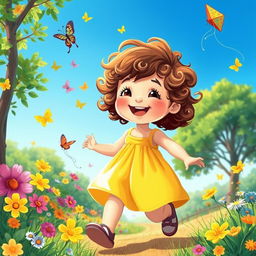 A whimsical depiction of a small child playing joyfully in a vibrant park, surrounded by colorful flowers and playful butterflies