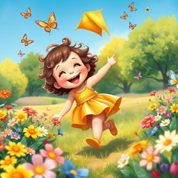 A whimsical depiction of a small child playing joyfully in a vibrant park, surrounded by colorful flowers and playful butterflies