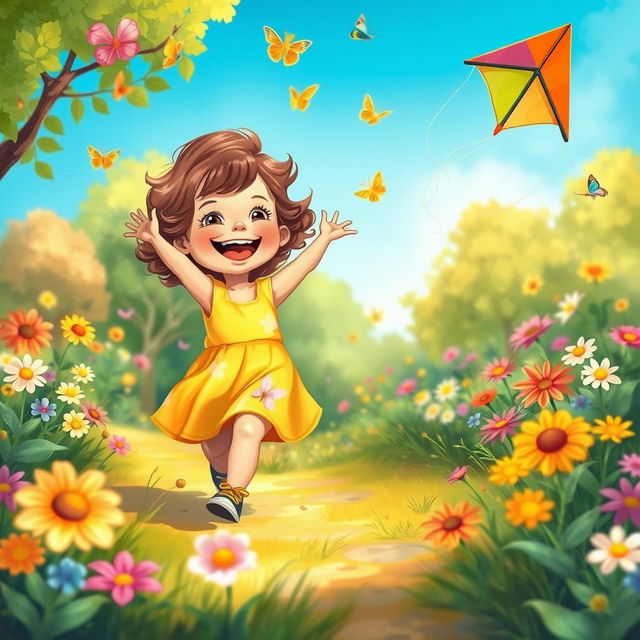 A whimsical depiction of a small child playing joyfully in a vibrant park, surrounded by colorful flowers and playful butterflies