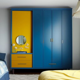 A modern bedroom featuring blue and yellow tones. Includes a chic blue cupboard, a sleek dressing area with a mirror, and a bed dressed in blue and yellow linens. The room is artfully decorated balancing style, comfort, and functionality.