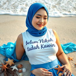 A striking digital photograph featuring the text "belum Nikah tapi sudah Kawin" artfully displayed on a white vest worn by a 24-year-old Taiwanese woman